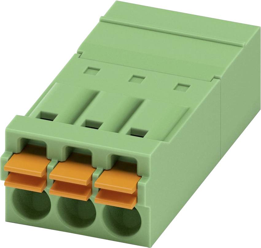 Ein grüner dreipöliger Elektroanschlussblock mit orangefarbenen Hebeln, verwendet zum Anschluss von Drähten in Stromkreisen.
