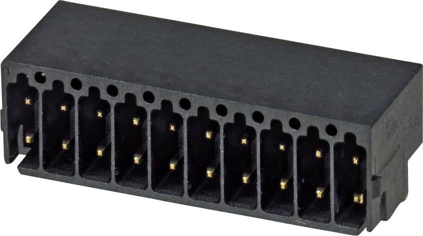 Ein schwarzer 2x5-poligen Stifleisten-Verbinder mit Goldkontakten, der in elektronischen Schaltkreisen häufig zum Verbinden von Komponenten und Geräten verwendet wird.