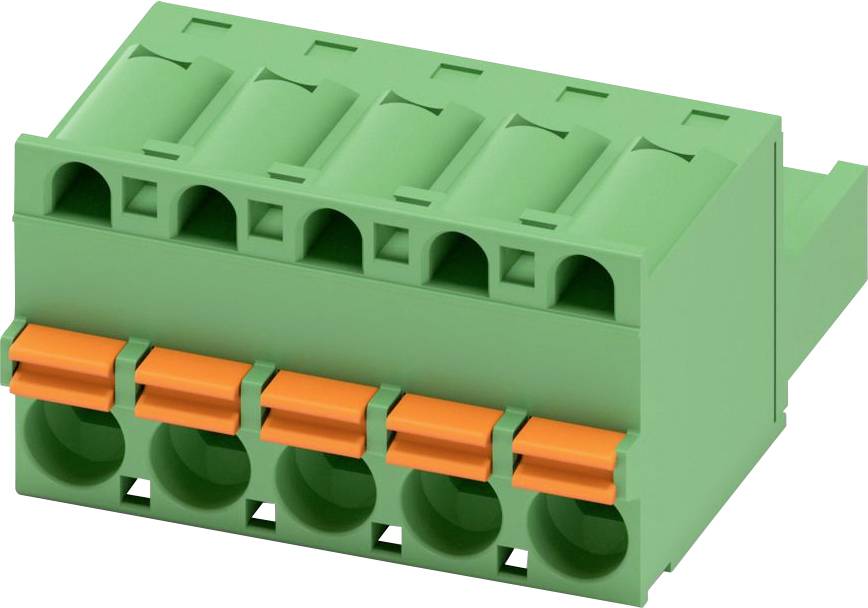 Ein grüner und orangefarbener elektrischer Anschlussklemmenblock mit fünf Anschlusspunkten, der zum Verbinden von Leitungen in elektrischen Installationen verwendet wird.