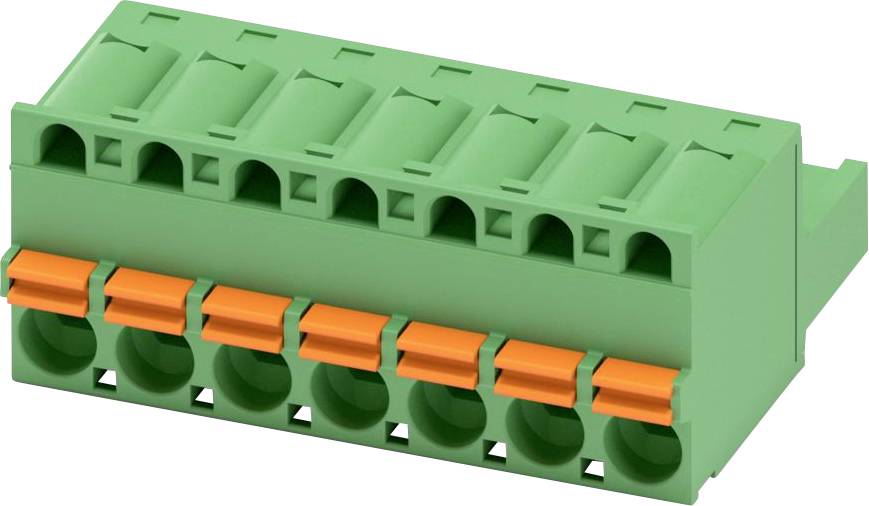 Ein grüner Anschlussblock mit acht Anschlusspunkten, ausgestattet mit orangefarbenen Entriegelungshebeln, der für sichere elektrische Verdrahtungsverbindungen verwendet wird.