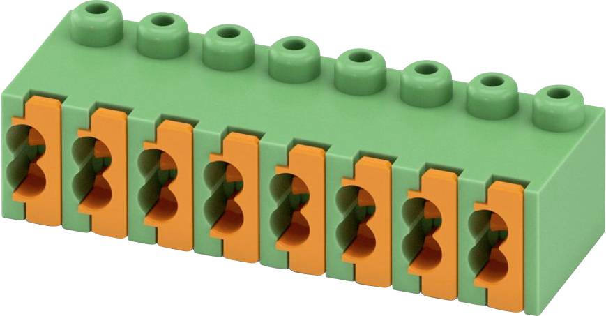 Ein grüner und orangefarbener Terminalblock mit acht Anschlusspunkten zum Befestigen elektrischer Leitungen.