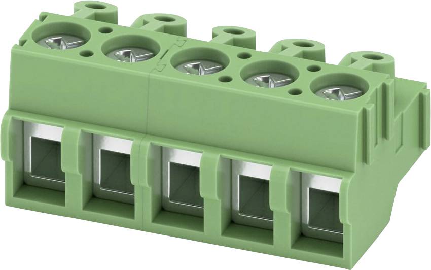 Grüner elektrischer Anschlussblock mit vier Schraubanschlüssen zur Drahtbefestigung.