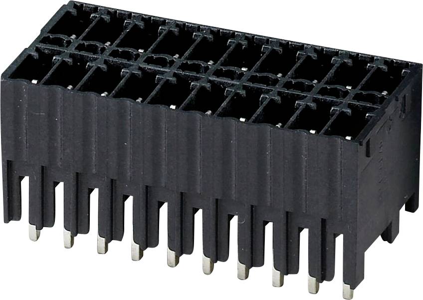 Ein 20-poliger Doppelreihen-Steckverbinder, schwarz, mit sichtbaren Metallkontakten an der Unterseite. Wird für elektronische Schaltungsverbindungen verwendet.