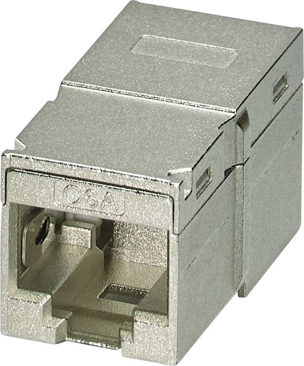Ein silberner Metall-Keystone-Jack-Adapter mit rechteckiger Form, der für Netzwerkkabelverbindungen verwendet wird, aus einem Winkel gezeigt.
