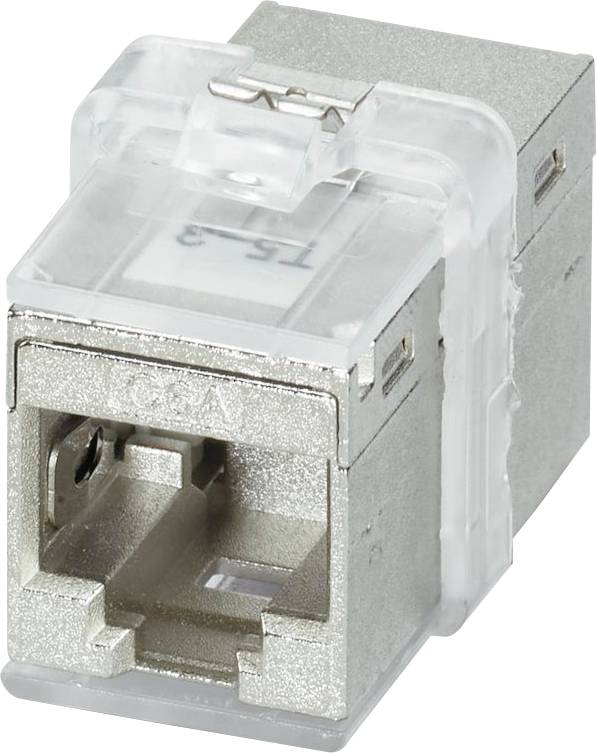 Ein silberner, rechteckiger Netzwerkkabelstecker mit einem transparenten Plastikclip oben, der für eine sichere Verbindung von Ethernet-Kabeln entwickelt wurde.