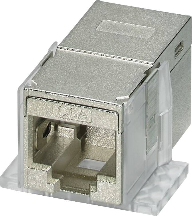 Eine metallische RJ45-Keystone-Buchse für Cat6A-Kabel, konzipiert für Netzwerkinstallationen.
