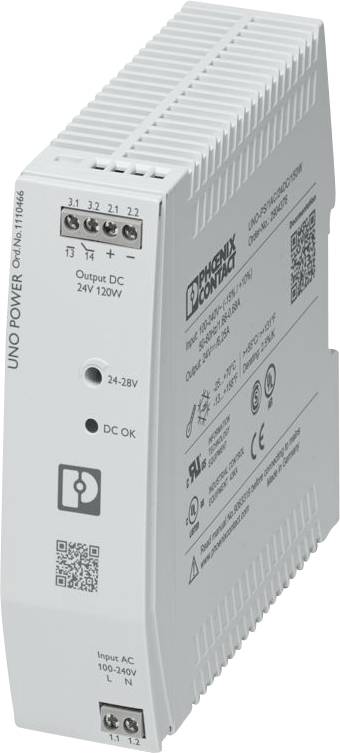 Eine graue Phoenix Contact UNO Stromversorgung, Modell 100-240V, mit Ausgang DC 24V/120W, mit Leistungsindikatoren und Anschlussklemmen.
