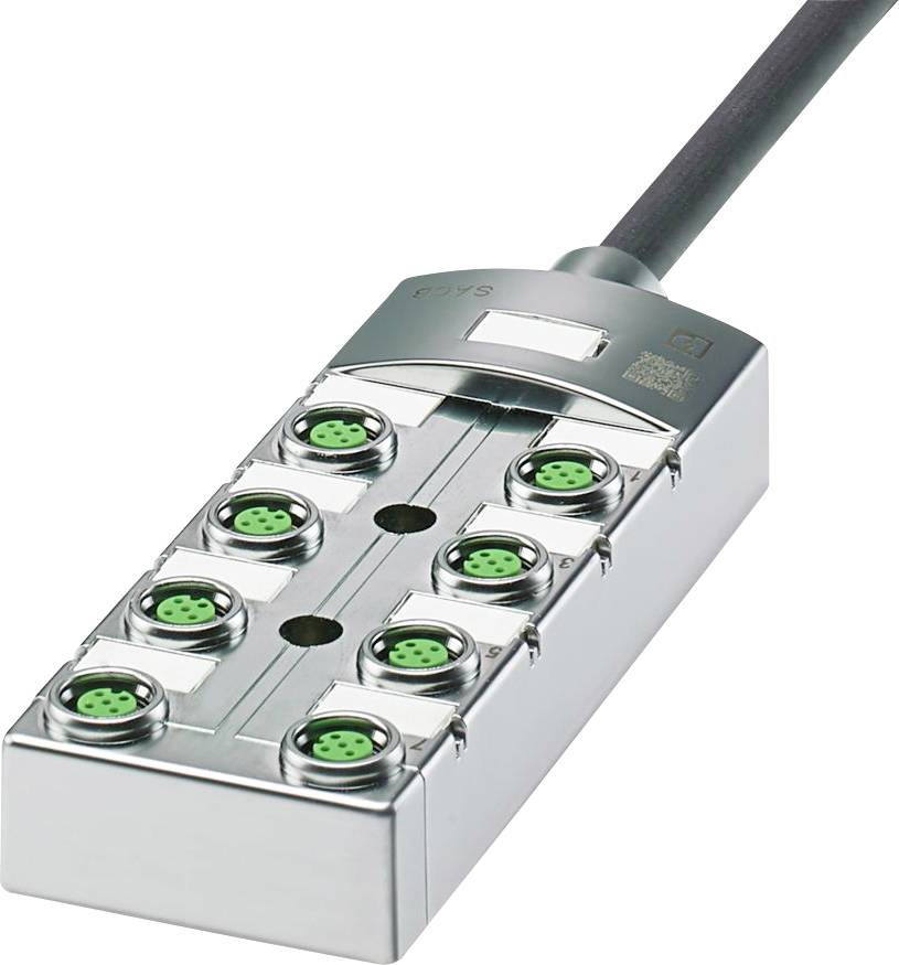 Ein metallischer Anschlussblock mit acht grünen kreisförmigen Anschlüssen, die in zwei Reihen angeordnet sind, und einem schwarzen Kabel an der Oberseite.