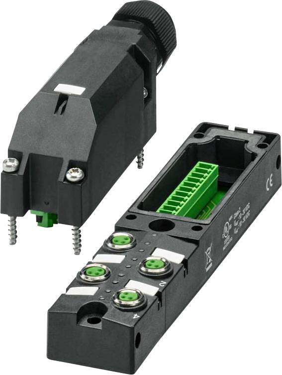 Rechteckige schwarze elektronische Komponente mit grünen Anschlüssen und silbernen Schrauben, gekennzeichnet mit CE- und UL-Zertifizierungen.