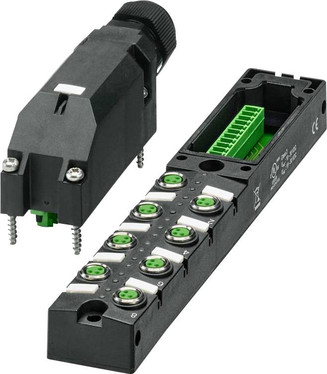 Ein modulares elektronisches Verbindungssystem mit mehreren Anschlüssen und Schaltungskomponenten, das für industrielle Automatisierungsanwendungen eingesetzt wird.