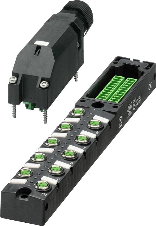 Feldbus-Modul mit mehreren grünen Anschlüssen für industrielle Automatisierung, zusammen mit einem abgetrennten Anschluss für einfache Installation und Wartung.