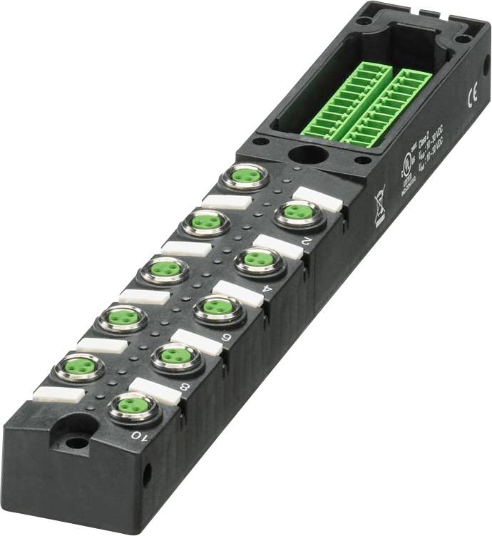Ein schwarzer rechteckiger elektronischer Anschlussblock mit zehn grünen Drehverschluss-Steckverbindern und einer Reihe kleinerer grüner Steckverbinder oben.
