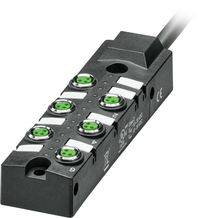 Ein schwarzer industrieller Anschlussblock mit sechs grünen kreisförmigen Steckplätzen, von 1 bis 6 beschriftet, zum Anschluss mehrerer Kabel in einer elektrischen Anlage.