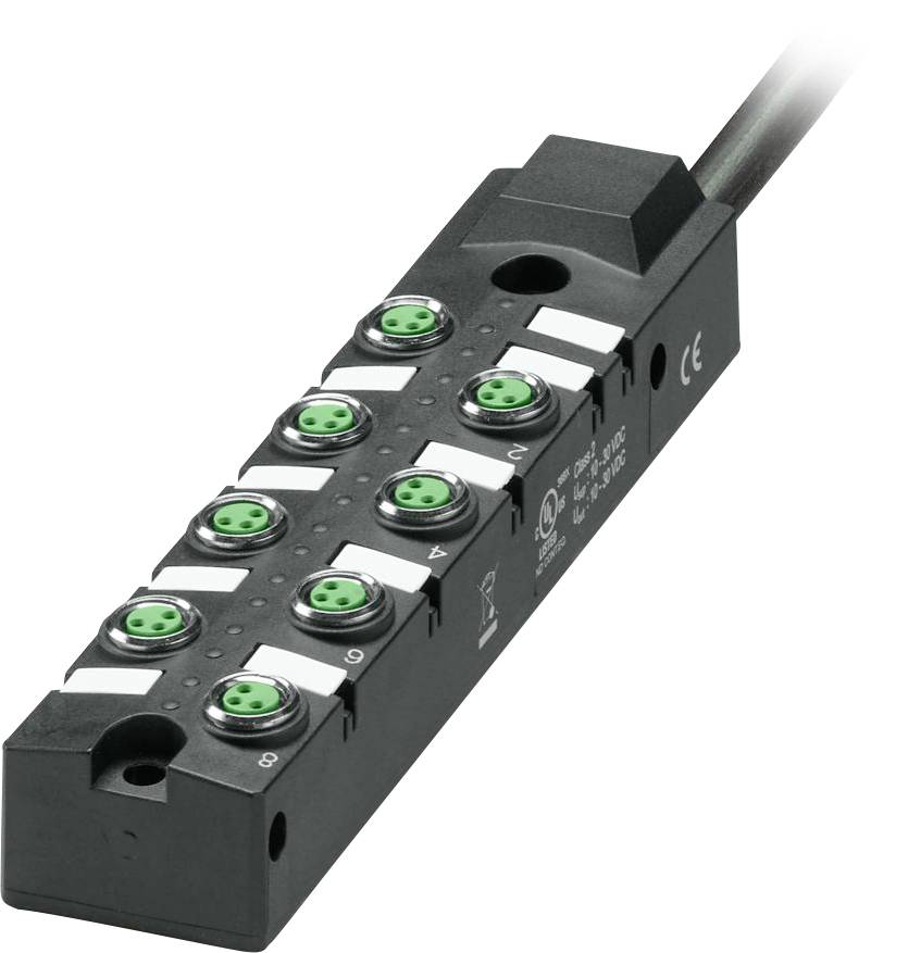 Ein schwarzer elektronischer Anschlussblock mit acht grünen, kreisförmigen Anschlüssen, von 1 bis 8 beschriftet, der zum Verbinden mehrerer elektrischer Geräte verwendet wird.