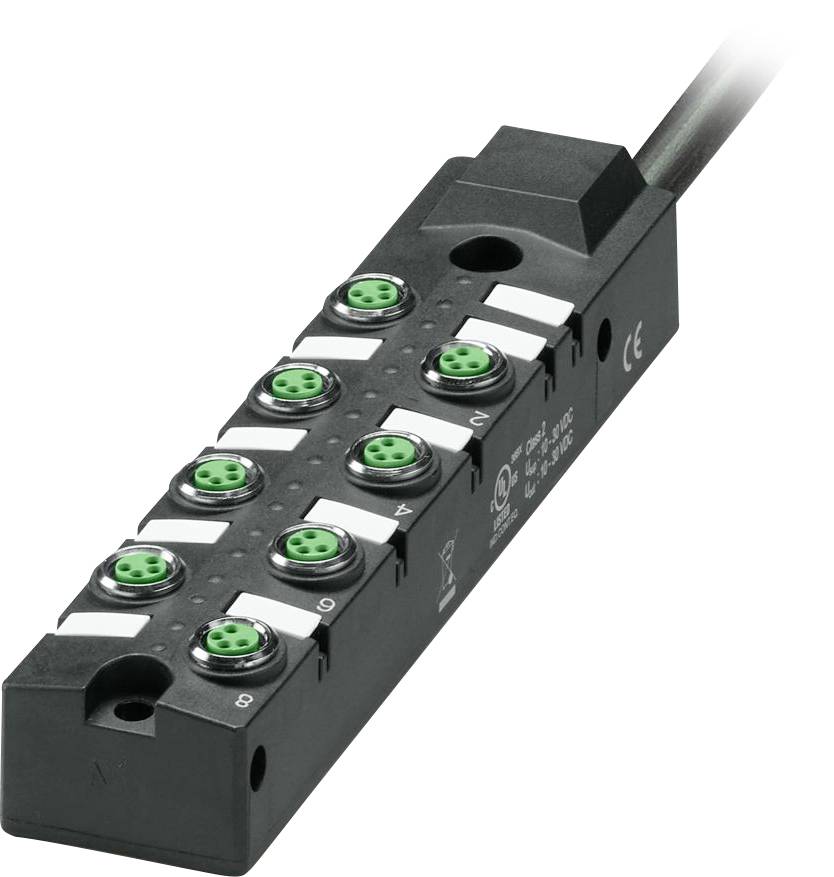 Ein kompakter Anschlussblock mit acht kreisförmigen Anschlüssen an der Oberseite und einem Kabel, das von einem Ende ausgeht, verwendet für industrielle elektrische Verbindungen.