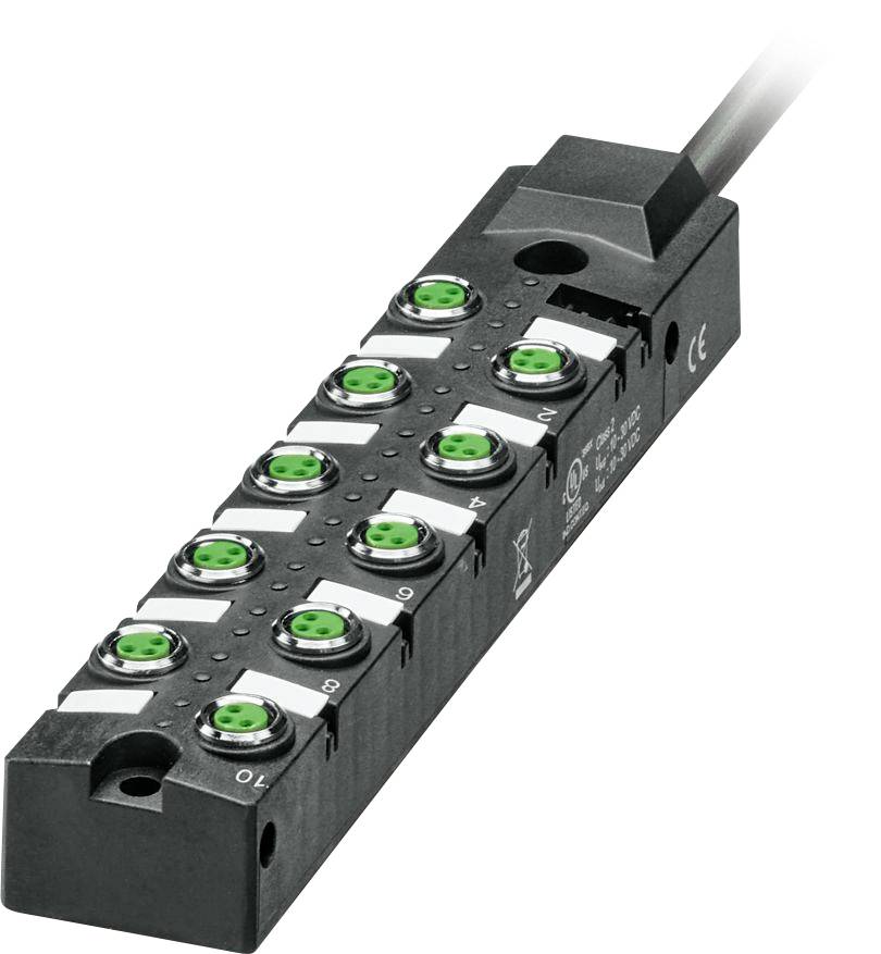 Eine schwarze Sensorbox mit acht grün-abgedeckten Anschlüssen, von 0 bis 7 gekennzeichnet, mit einem am einen Ende angeschlossenen Kabel, die für industrielle Verbindungen verwendet wird.