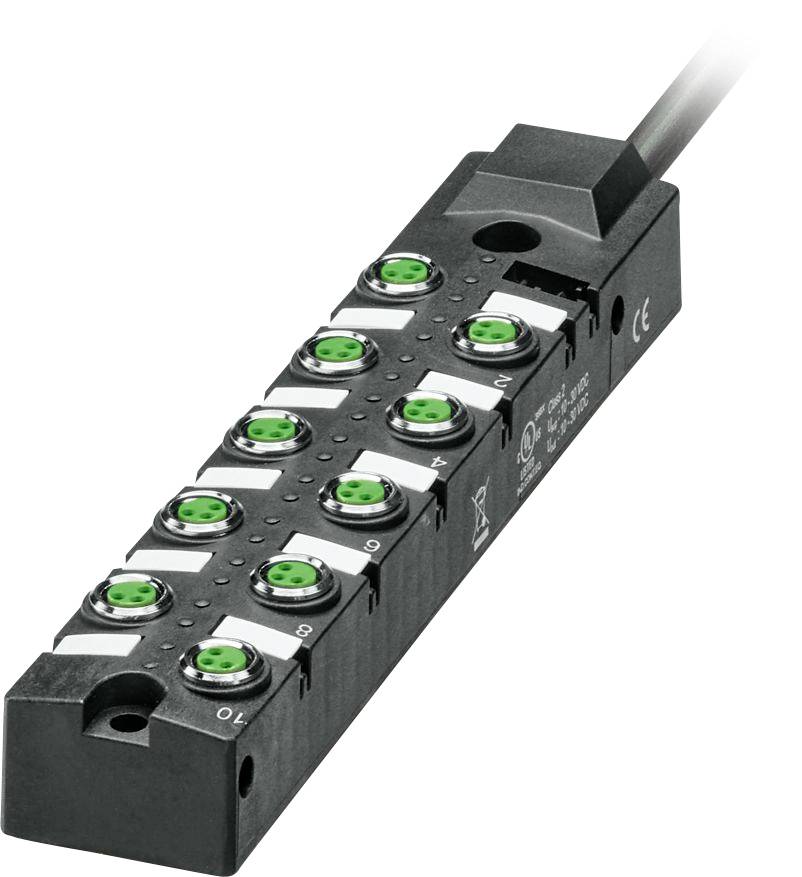 Eine schwarze elektronische Komponente mit acht kreisförmigen grünen und silbernen Anschlüssen in zwei Reihen, die für Verbindungen in industriellen Automatisierungssystemen verwendet wird.