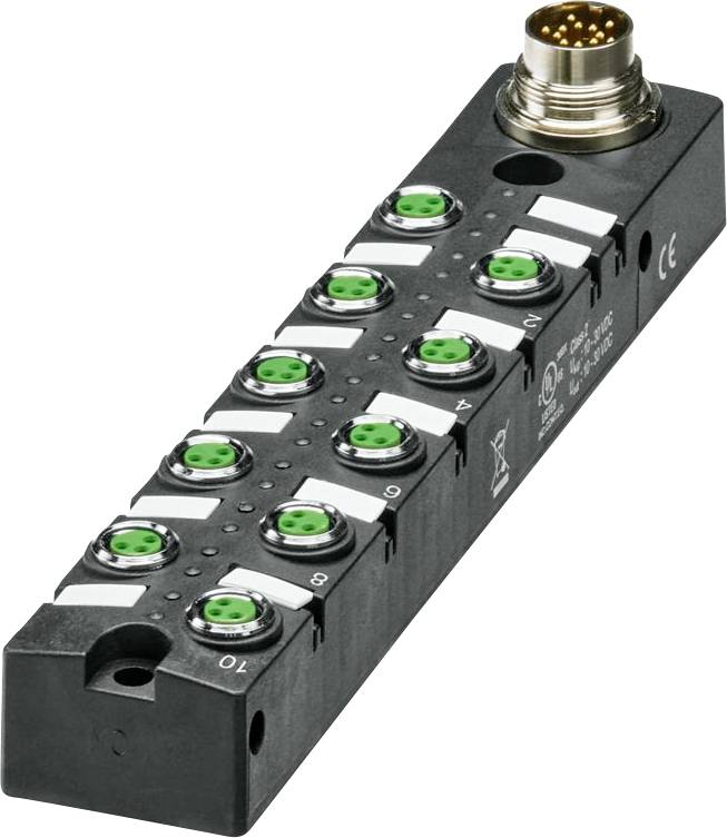 Schwarzes zylindrisches elektronisches Gerät mit nummerierten grünen und silbernen Steckern, die in zwei Reihen angeordnet sind und an einem Ende einen kreisförmigen Anschluss aufweisen.