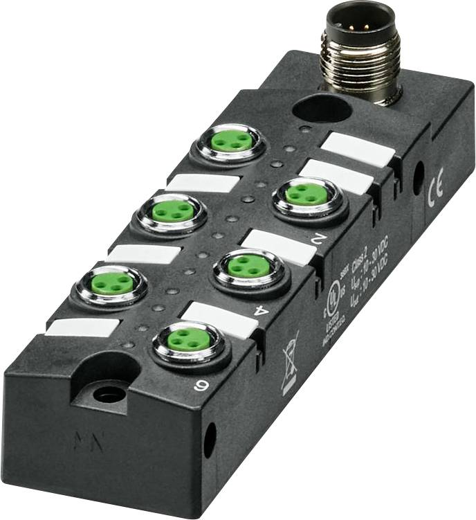 Eine schwarze rechteckige elektronische Komponente mit sechs grünen kreisförmigen Anschlüssen, von 1 bis 6 beschriftet, und einem Metall-Anschluss an einem Ende.