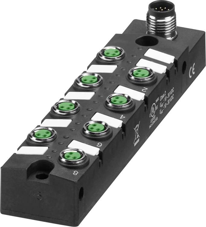 Schwarzes Sensoraktuatormodul mit acht grünen Anschlüssen, verwendet in der industriellen Automatisierung zum Verbinden von Sensoren und Aktoren.