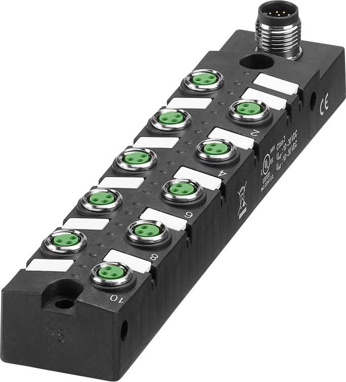 Schwarzer industrieller Anschlussblock mit nummerierten grünen Buchsen und einem kreisförmigen Metallverbinder oben, verwendet für elektronische Schnittstellen.