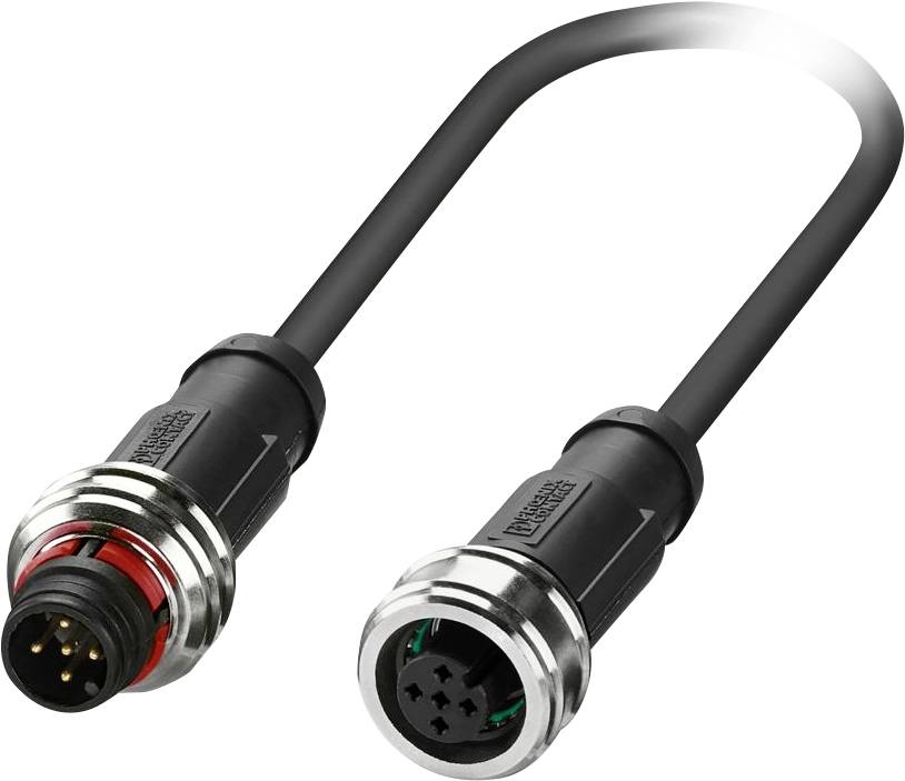 Ein schwarzes und silbernes industrielles Kabel mit Anschlüssen, die mehrere Stifte aufweisen, wird für Geräteverbindungen in technischen Anordnungen verwendet.