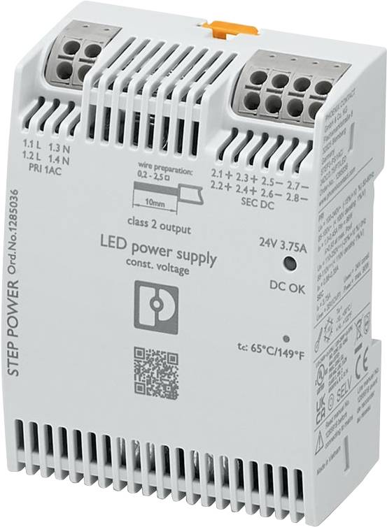 Eine weiße LED-Stromversorgung mit Anschlussklemmen, gekennzeichnet als '24V 3,75A'. Sie enthält Sicherheitszertifizierungen und einen QR-Code auf der Vorderseite.