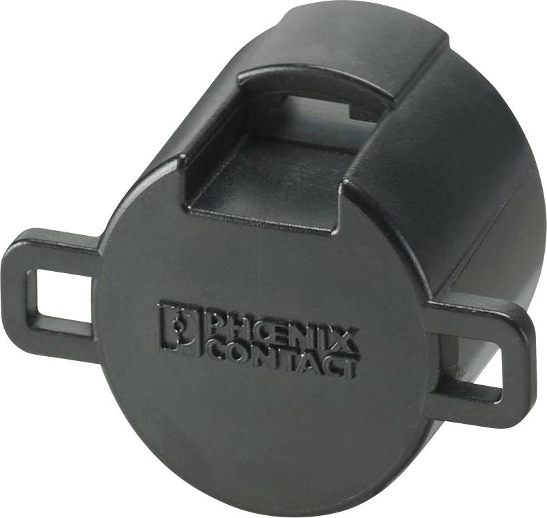 Eine runde, schwarze Schutzkappe von Phoenix Contact, die zum Abdecken elektronischer Anschlüsse dient und seitliche Handgriffe zur einfachen Entfernung aufweist.