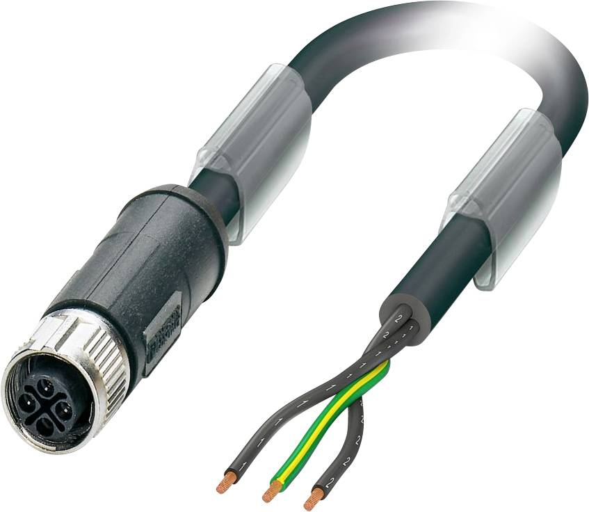 Ein Nahaufnahme-Bild eines kreisförmigen Verbinderkabels mit vier Pins, bei dem die Drähte am Ende freigelegt sind und drei Drähte in unterschiedlichen Farben zu sehen sind.