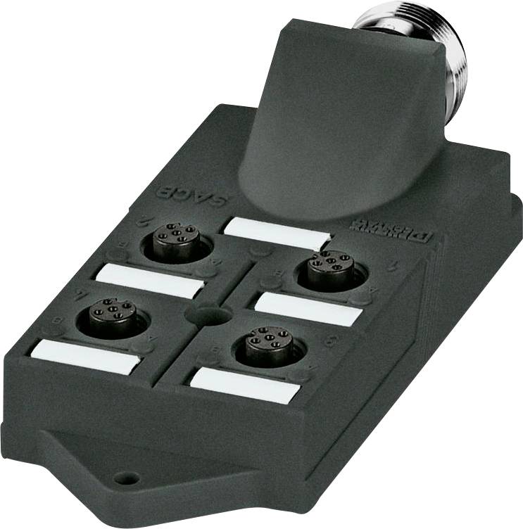 Ein industrieller elektrischer Anschlussblock mit vier kreisförmigen Anschlüssen, die jeweils mit weißen Streifen beschriftet sind und für Mehrfach-Steckverbindungen konzipiert sind.