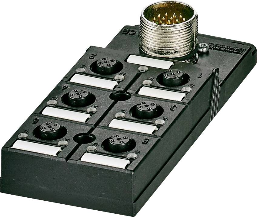 Ein industrieller Verbindungsblock mit sechs kreisförmigen Anschlüssen und einem metallischen Mehrfachsteckverbinder, verwendet für die Integration komplexer elektronischer Systeme.