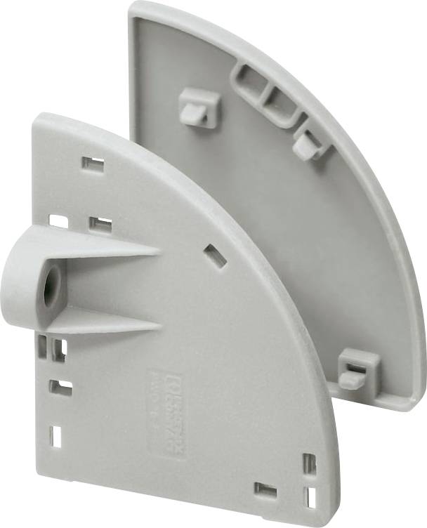 Eine graue Kunststoff-Verbindungsklammer mit mehreren Schlitzen und einem kreisförmigen Drehpunkt, die zum Verbinden von Teilen verwendet wird, möglicherweise bei Regalen oder Möbelaufbau.