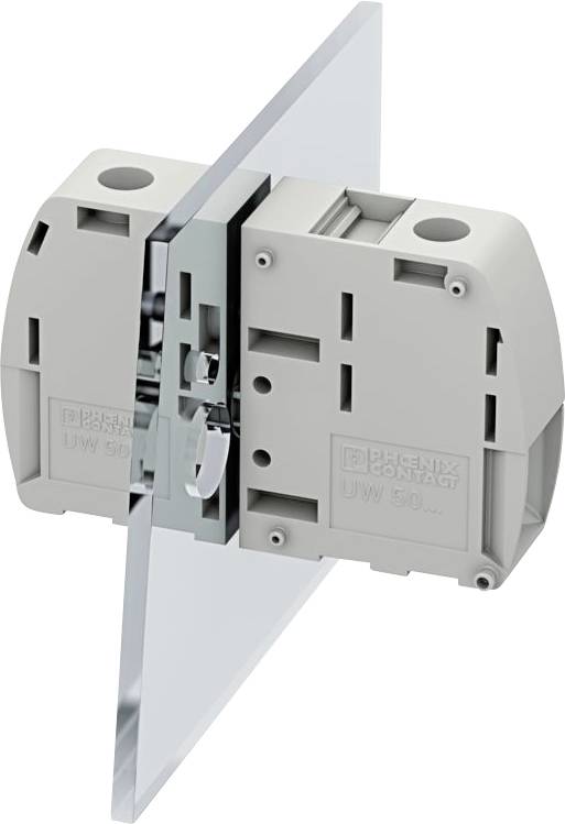 Phoenix Contact UW 50 Klemmanschluss, der auf einer Glasscheibe montiert ist und für sichere und effiziente elektrische Verbindungen entwickelt wurde.