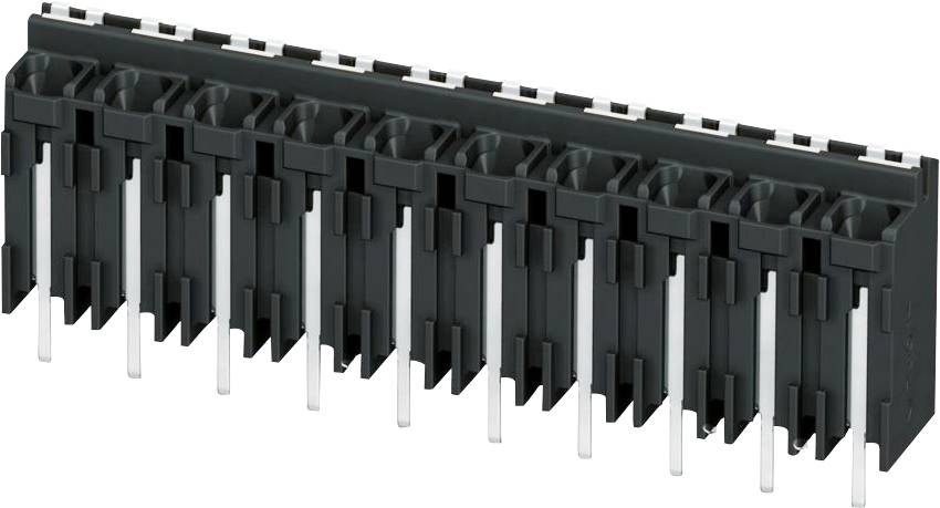 Ein schwarzer elektronischer Steckverbinder mit mehreren Metallpins, der für die Platinenmontage konzipiert ist und aus einem Seitenwinkel dargestellt wird.
