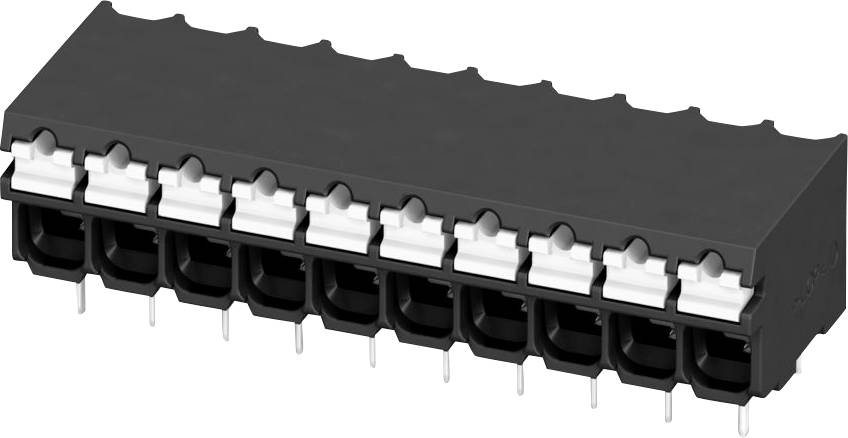 Ein schwarzer elektronischer Verbindungsblock mit mehreren Anschlüssen und metallischen Pins darunter, verwendet für Schaltkreisverbindungen.