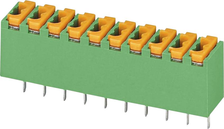 Ein grüner 12-poligen Terminalblock-Verbinder mit orangefarbenen Hebeln, verwendet zum Sichern von elektrischen Leitungen.