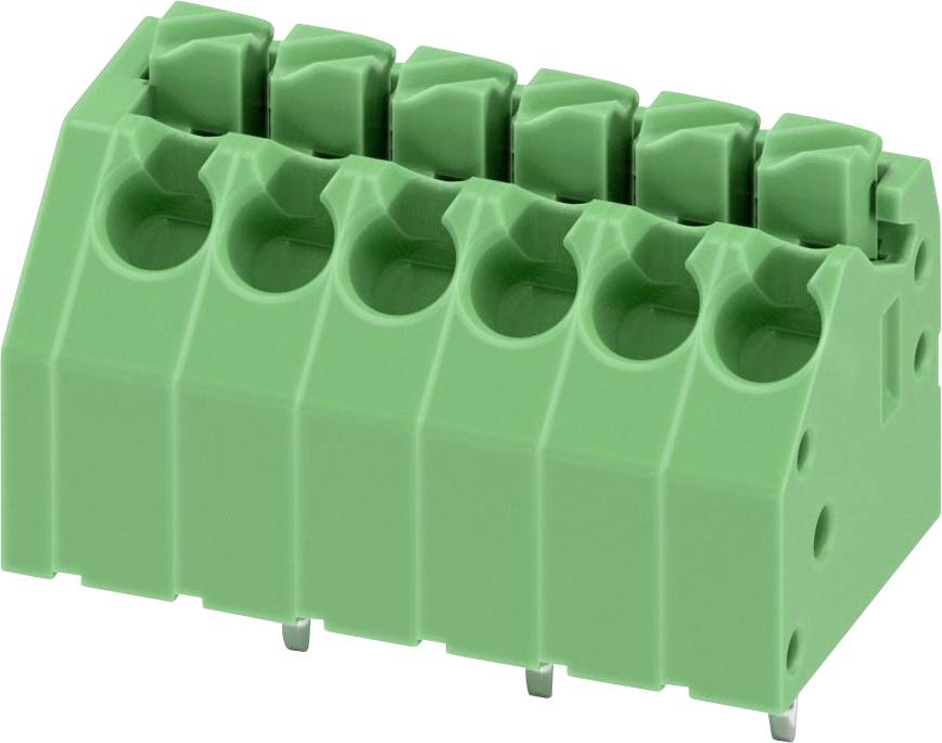 Ein grüner, sechspoliger Schraubklemmenblock mit abgewinkelten Schraubklemmen für elektrische Verbindungen.