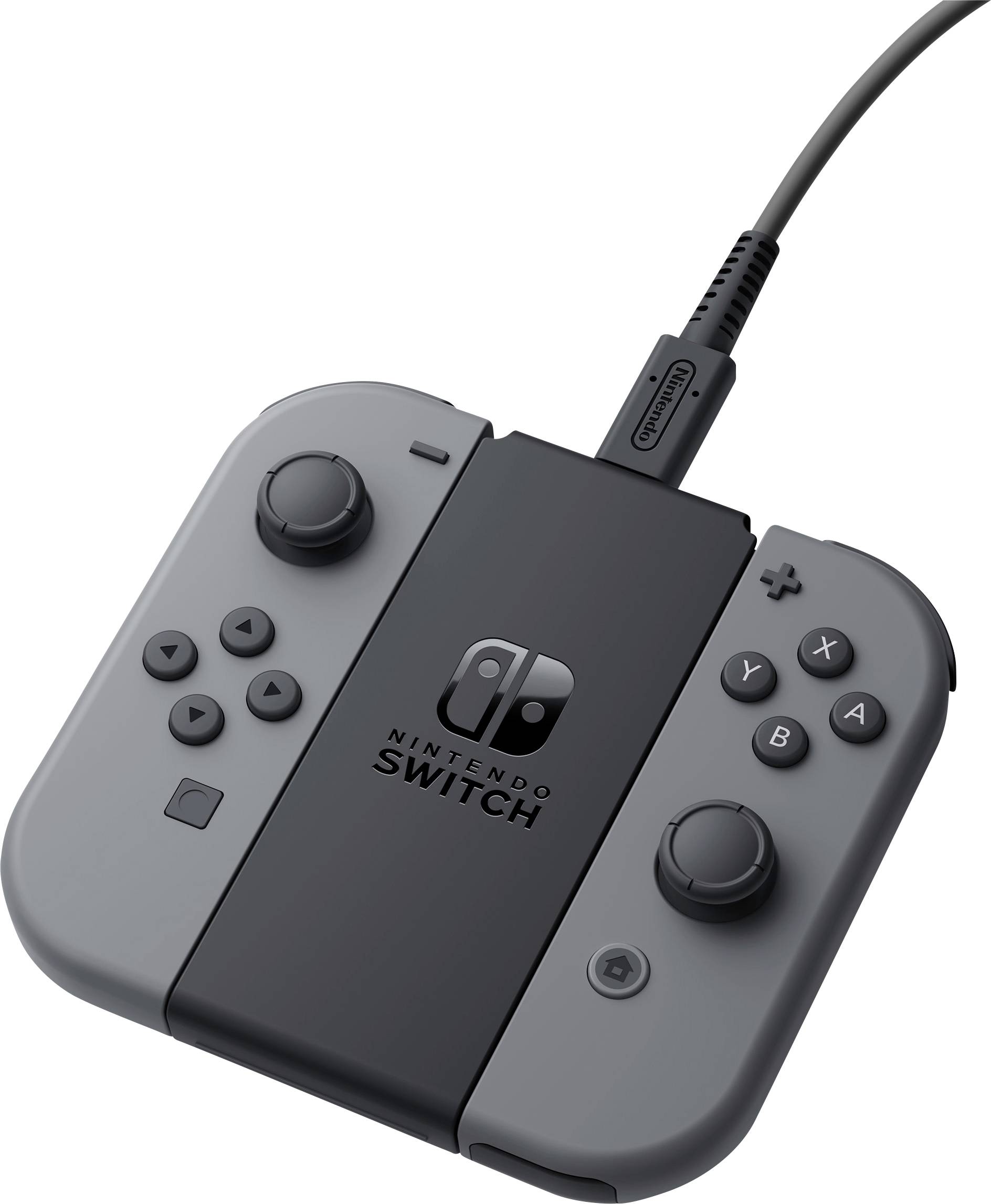 Ein grauer Nintendo Switch Joy-Con-Controller, der mit einem Ladegriff verbunden ist und die üblichen Gaming-Tasten und Joysticks aufweist.