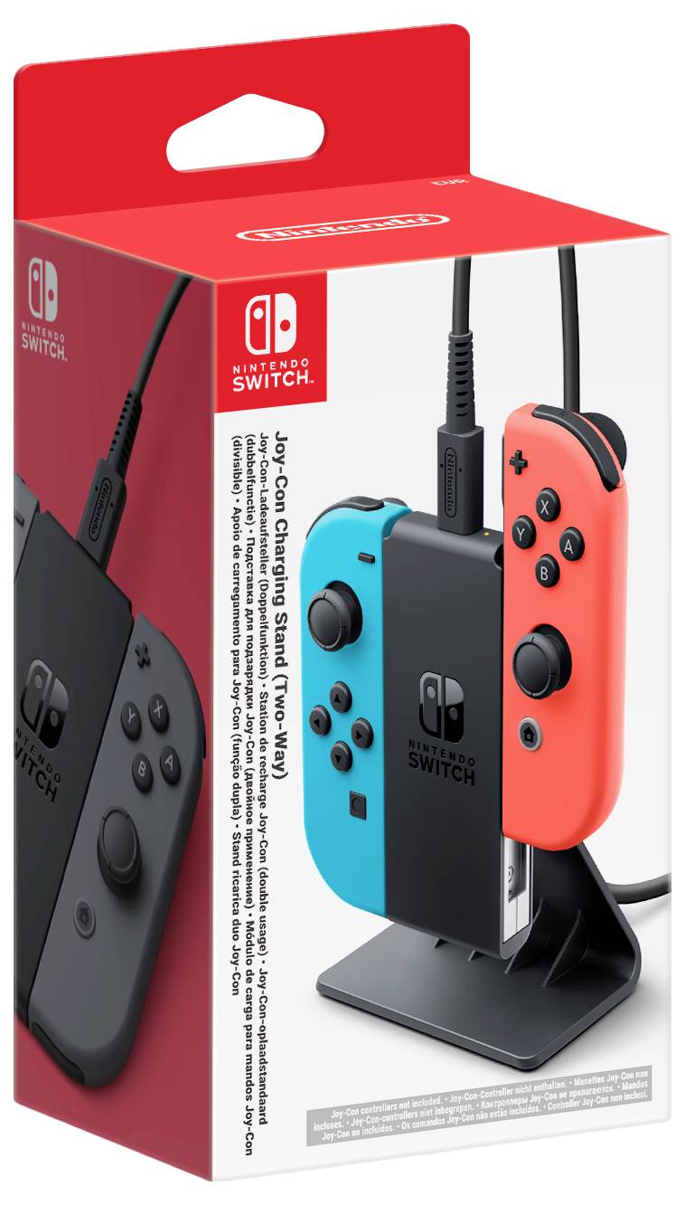 Nintendo Switch Joy-Con Ladegerät (Neon Blau/Neon Rot) Verpackung zeigt Controller beim Aufladen mit Produktbranding.