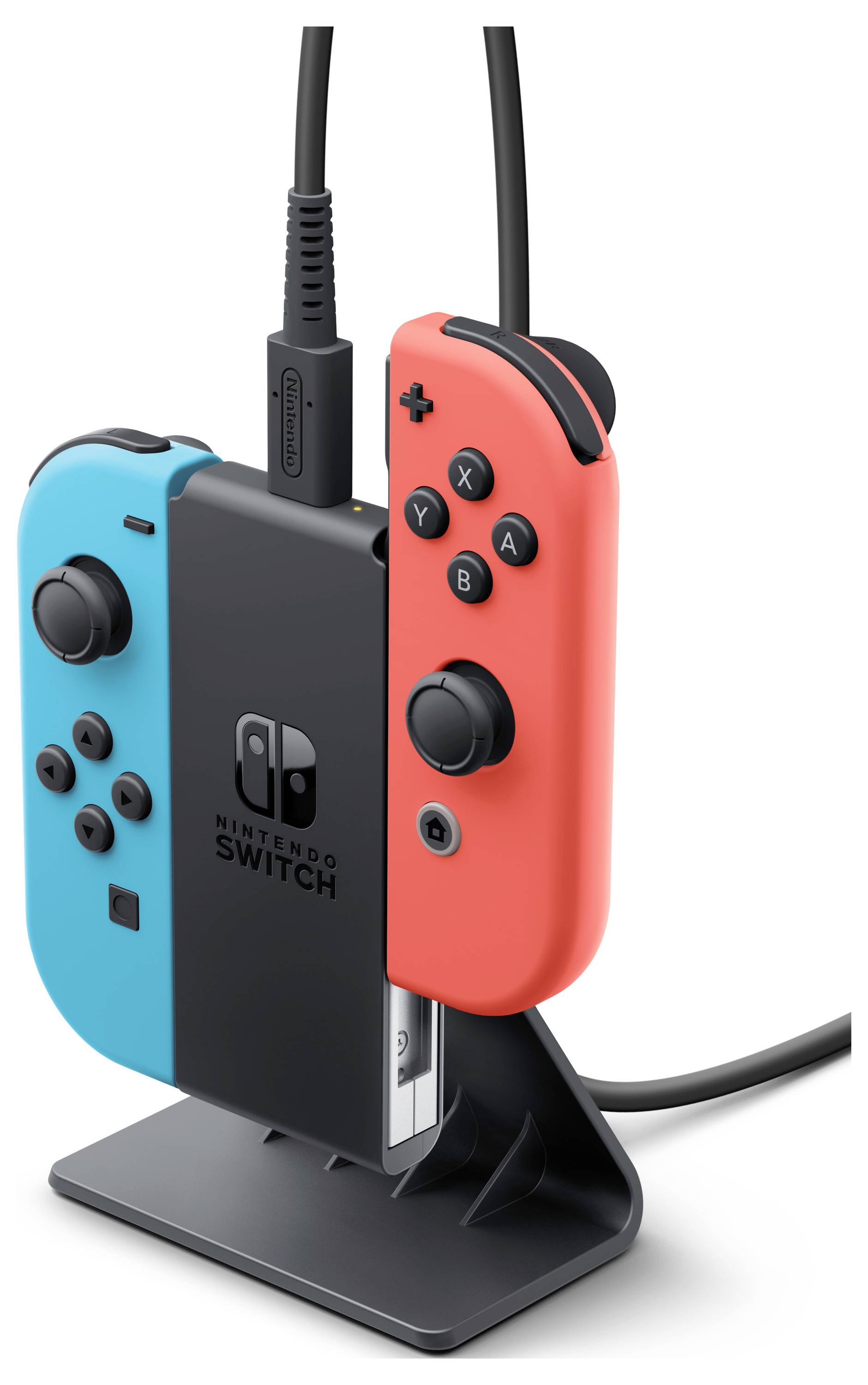 Zwei Nintendo Switch Joy-Con-Controller, einer blau und einer rot, sind an einer Ladestation angeschlossen.