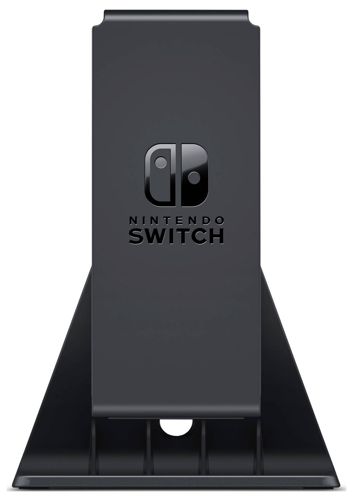 Schwarze Nintendo Switch Ladestation mit Logo, verwendet zum Anschließen der Konsole an einen Fernseher oder zum Aufladen des Geräts.