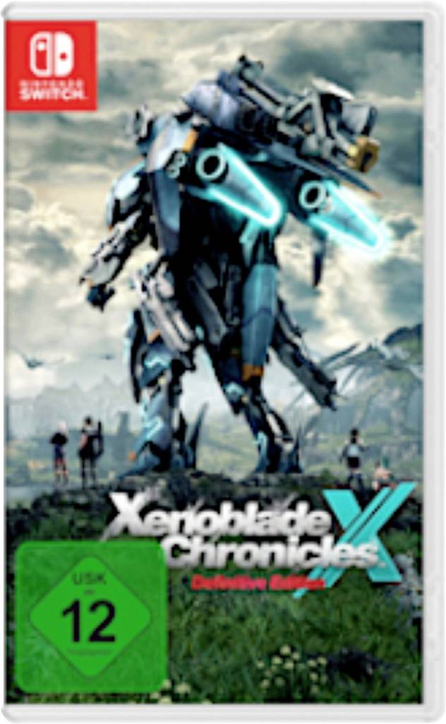 Titelseite von 'Xenoblade Chronicles X: Definitive Edition' für Nintendo Switch, die einen großen blauen und schwarzen Roboter in einer üppigen Landschaft zeigt.
