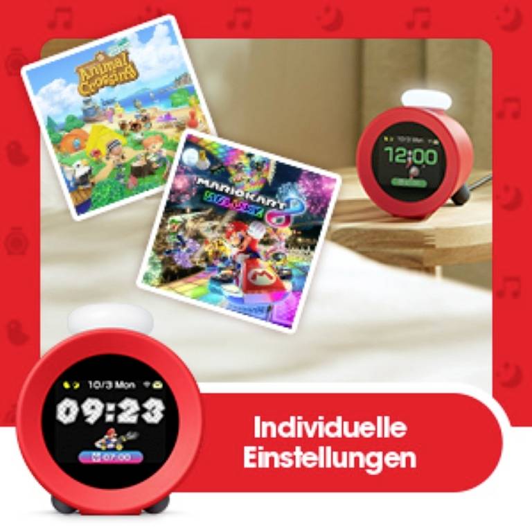 Ein runder Wecker mit LED-Anzeige zeigt '09:23 Mon'. Links oben sind zwei Videospielcover zu sehen. Text unten: 'Individuelle Einstellungen'.