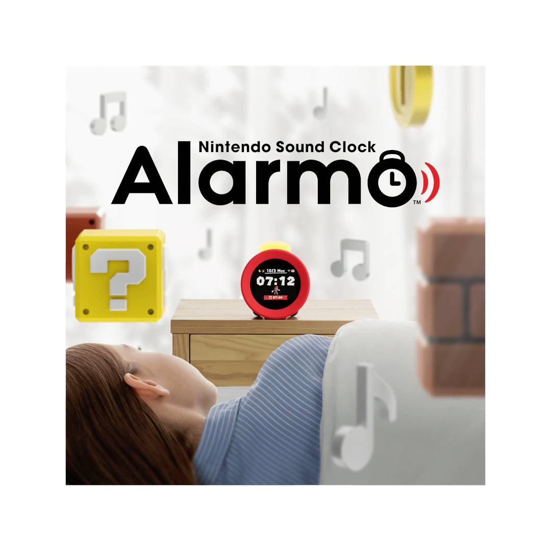 Eine Person im Bett neben einem Nintendo-Themed-Wecker, der '07:12' zeigt. Musikalische Noten und Frageblöcke deuten auf Soundfunktionen hin.