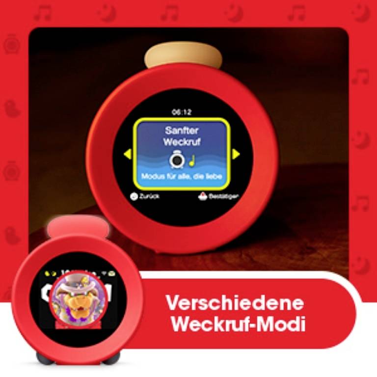 Roter Wecker zeigt den Bildschirm mit 'Sanfter Weckruf' Einstellung. Text: 'Verschiedene Weckruf-Modi'.