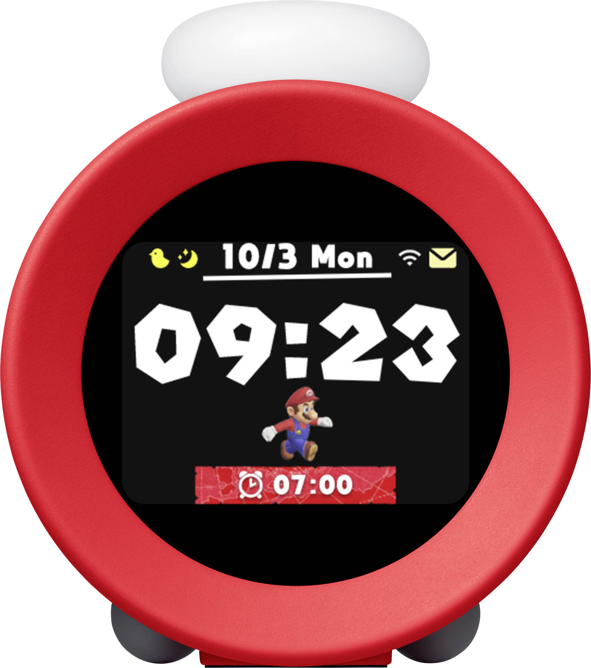 Ein roter Wecker, der die Uhrzeit '09:23', das Datum '10/3 Mon' anzeigt, mit einer Comicfigur, die springt. Der Alarm ist auf '07:00' gestellt.