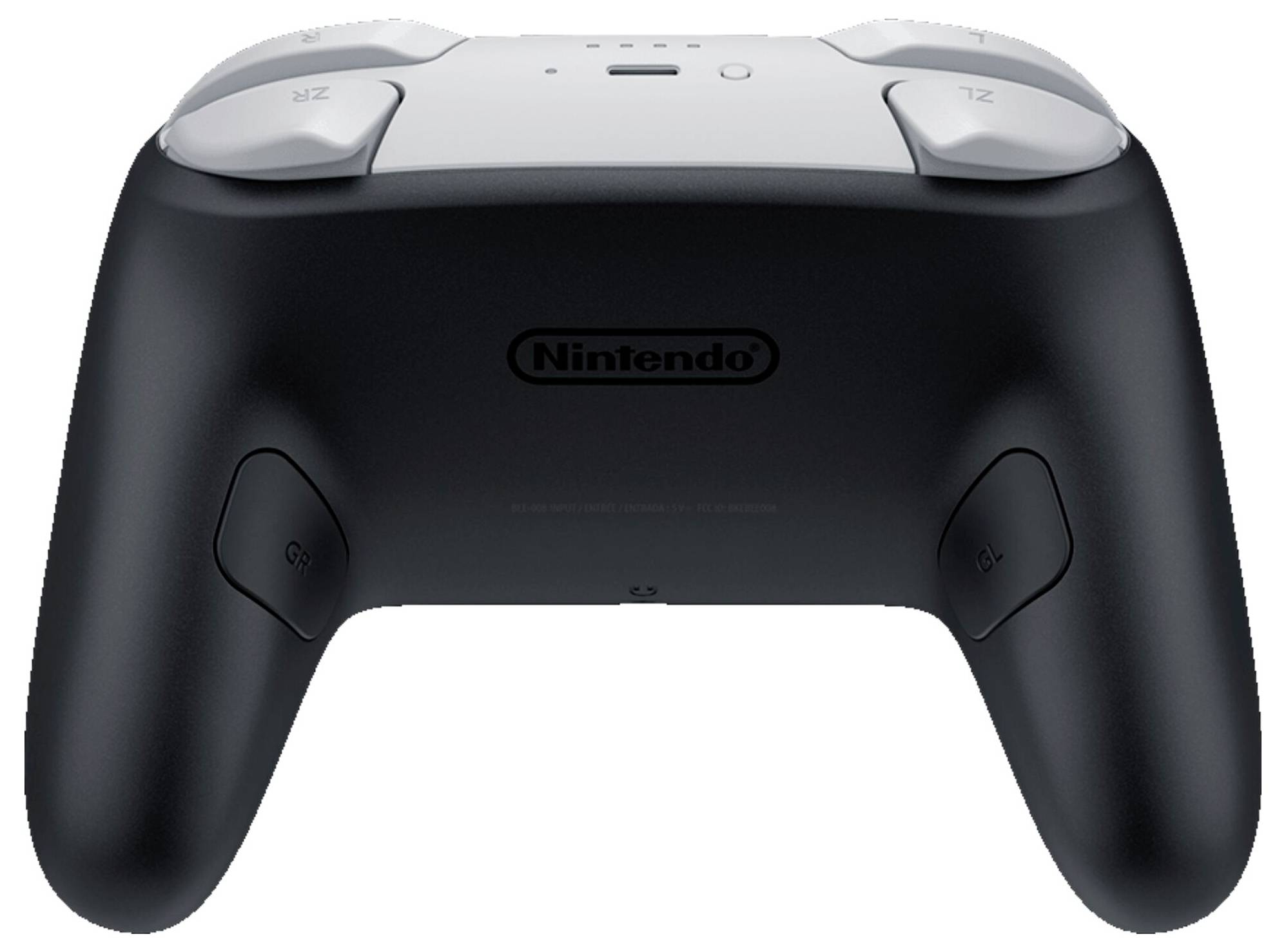 Ein schwarzer und weißer Videospiel-Controller mit sichtbaren Tasten und Auslösern, auf dessen Rückseite das Logo von 'Nintendo' zu sehen ist.