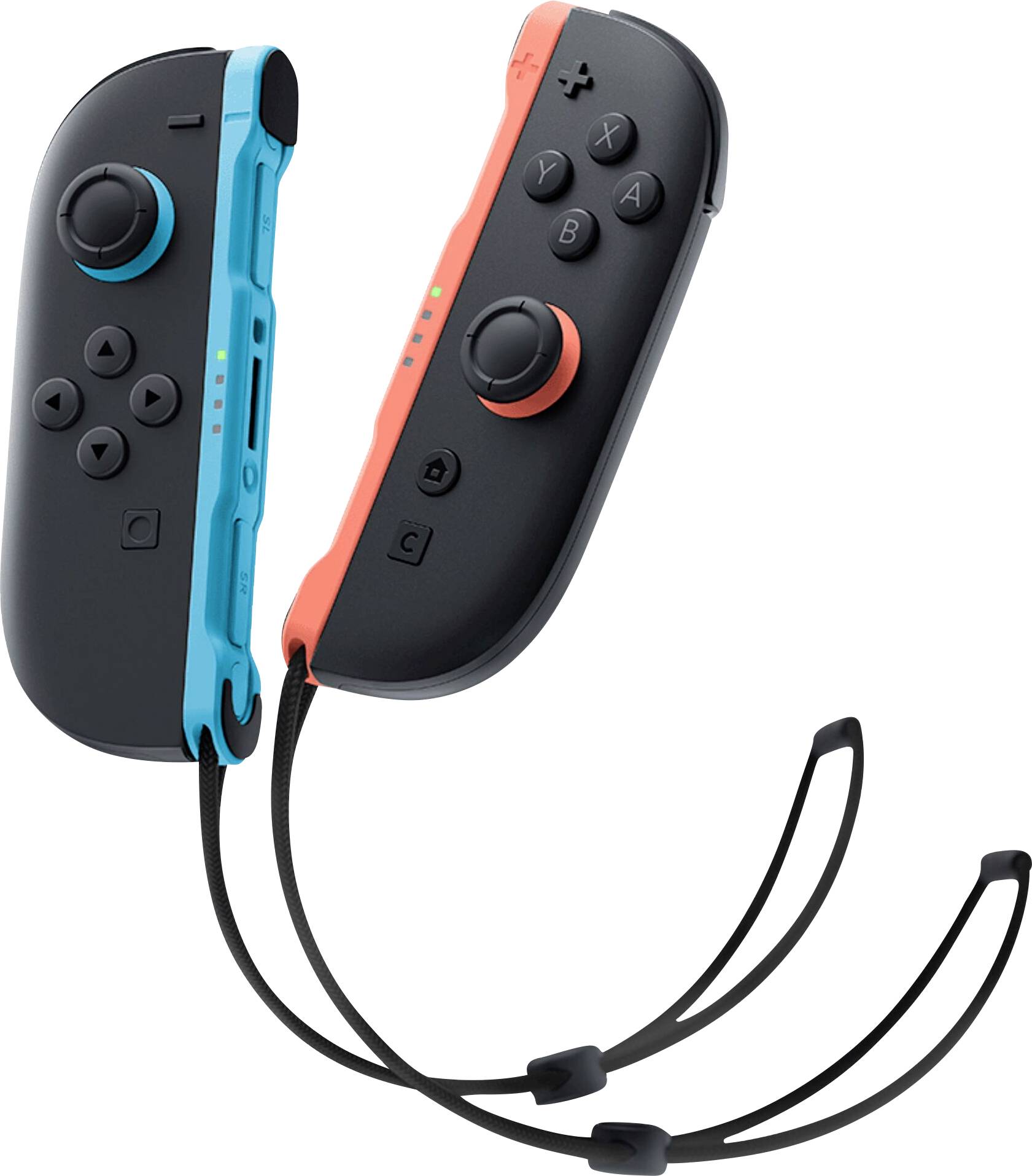 Zwei Nintendo Switch Joy-Con-Controller, einer blau und einer rot, mit angebrachten Handgelenkschlaufen.