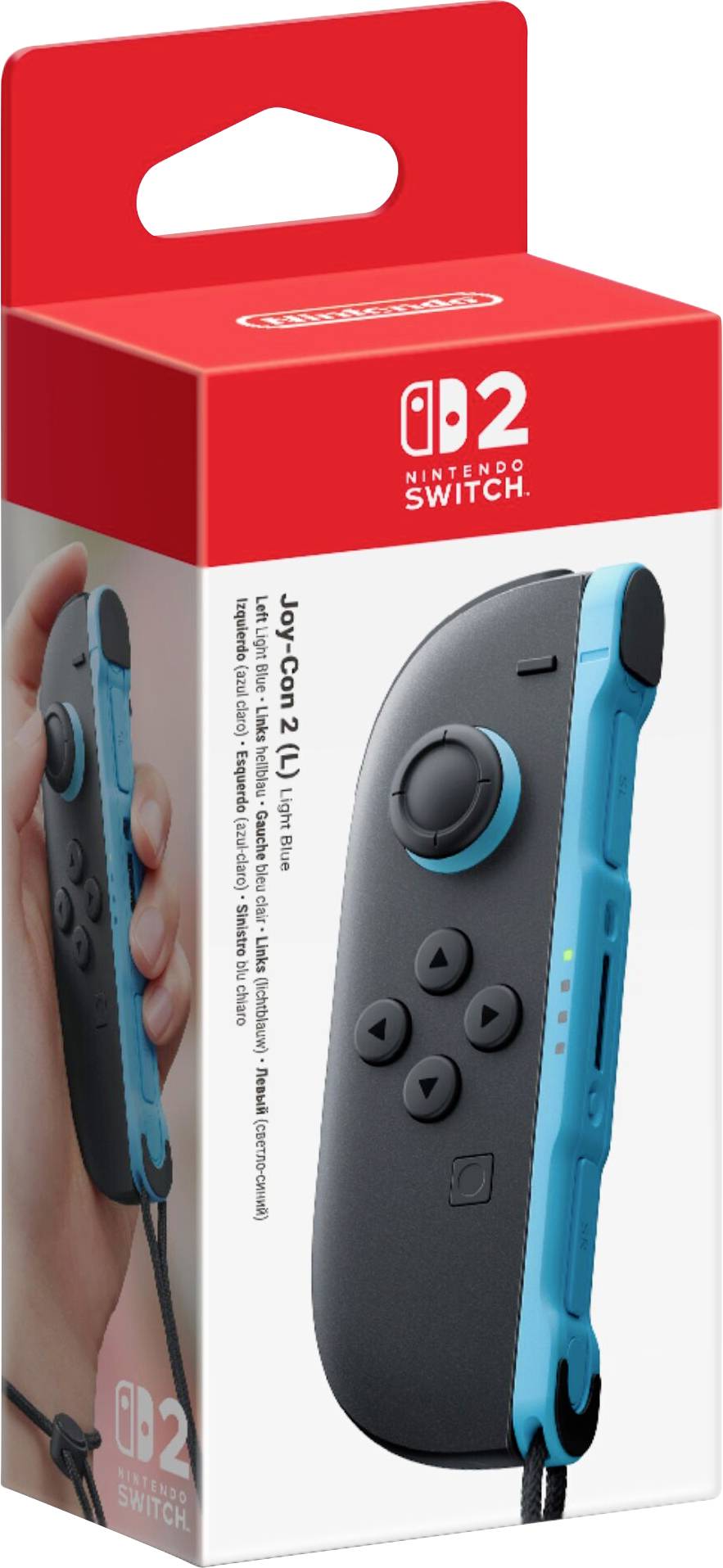 Eine Schachtel, die einen Nintendo Switch Joy-Con (L) enthält, der sein Design und seine Tasten präsentiert, wobei eine helle blaue Seite sichtbar ist.