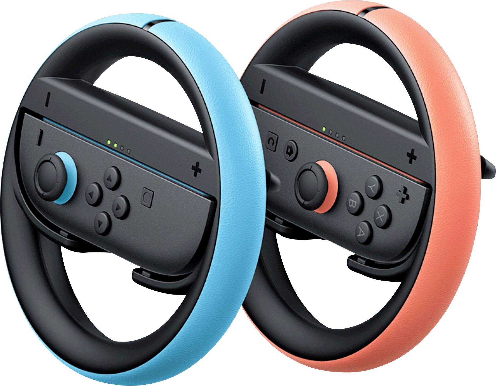 Zwei schwarze und farbige Lenkradcontroller für eine Spielkonsole, jeweils mit angeschlossenen Joy-Con-Controllern in Blau und Rot.